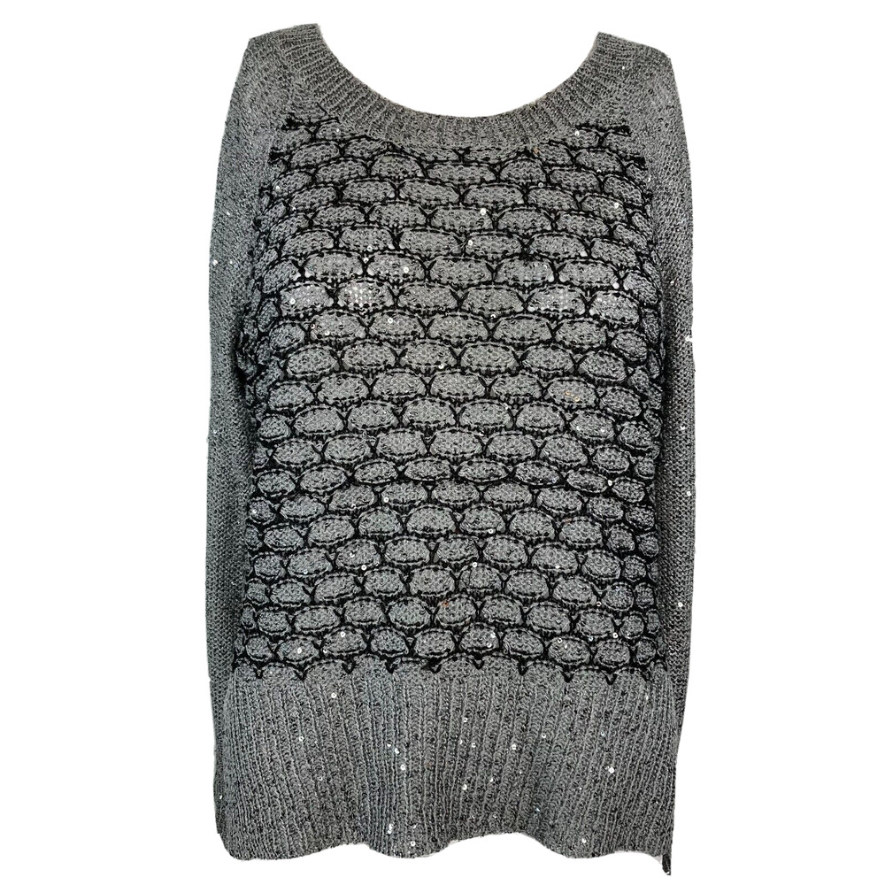 Miss Kelly 1999 Sweater‎ Womens Sz S Gray Black Sequin Sparkle Knit High Low